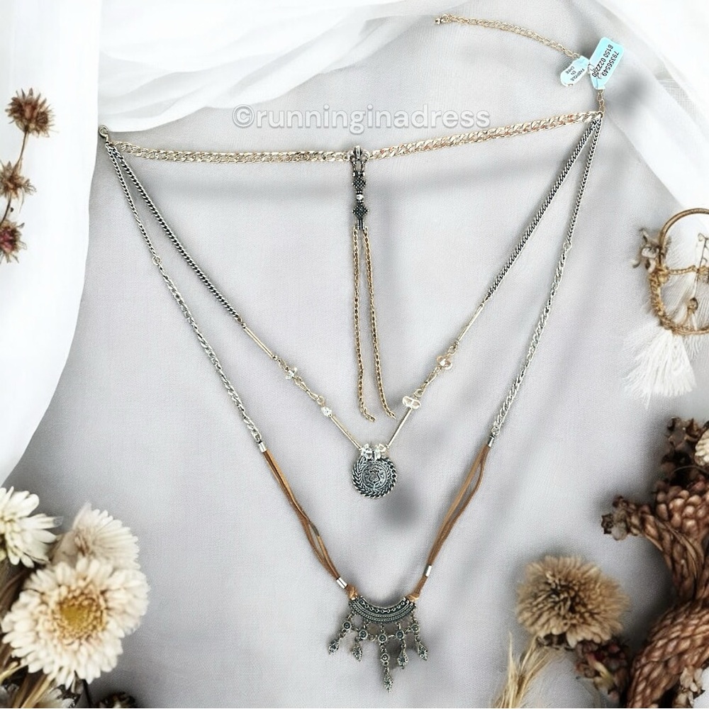 NWT Free People Can't Stand The Rain Layered Necklace Gold Silver & Brown Suede - Picture 8 of 13